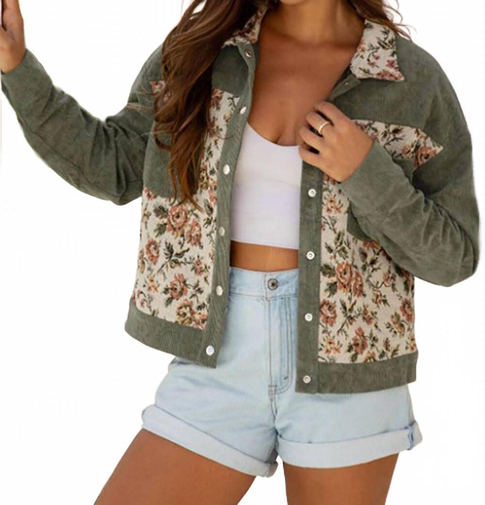 NEW LEGEND OR LIES ribbed retro floral patchwork shirt jacket in sage